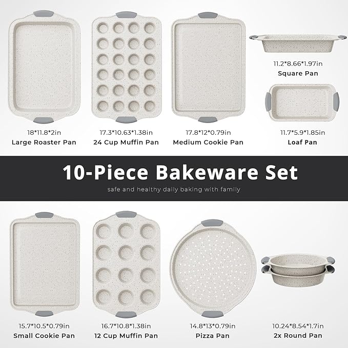 11-Piece Nonstick Baking Pans Set, Stackable Non Toxic Bakeware Sets with Cookie Sheets, Cake Pan, Loaf Pan, Pizza Pan, Muffin Pan, White&Gray