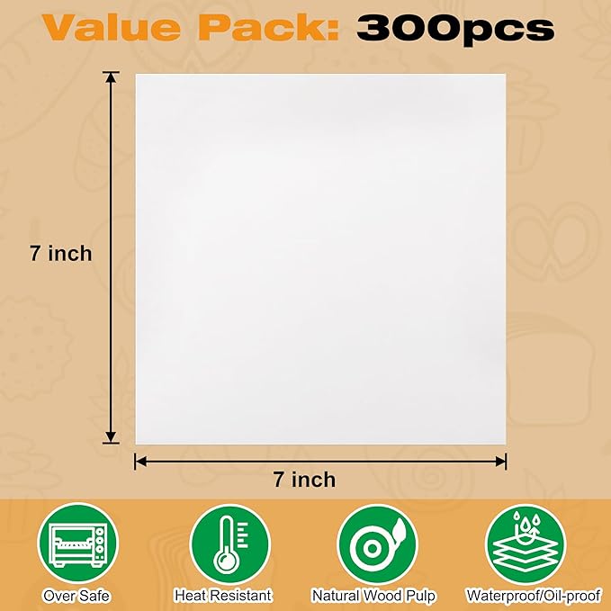 300Pcs Burger Patty Paper, AIMEIKI 7x7 Inch Parchment Paper Squares for Burger Press, Unbleached Smash Burger Paper for Separating Patty, Cake Baking, Wrapping Candies and More