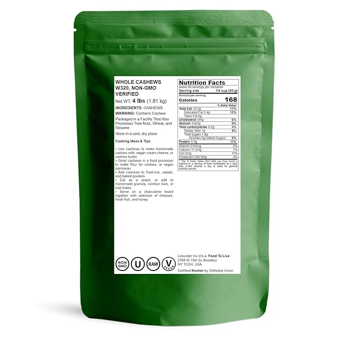Food to Live - Raw Cashews, 4 Pounds Deluxe Whole Nuts, Unsalted, Unroasted Fancy Snack, Size W-320, Kosher, Vegan, Bulk, A good source of Magnesium, Phosphorus, Manganese & Copper