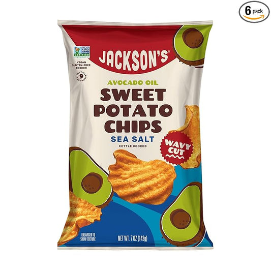 Jackson???Wavy Sweet Potato Kettle Chips - with Sea Salt made with Premium Avocado Oil (7oz, Pack of 6) - Allergen-friendly, Gluten Free, Peanut Free, Vegan, Paleo Friendly - Shark Tank Product