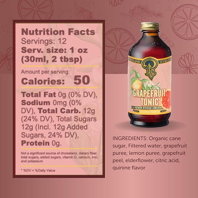 Portland Syrups Grapefruit Tonic Syrup - Refreshing Citrus Flavor - Premium Beverage Concentrate for Cocktails, Mocktails, Tea, and More - 12 oz with 12 Servings (Pack of 2)