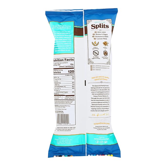 Unique Snacks Unsalted Splits, Delicious, Vegan, Homestyle Baked, Certified OU Kosher and Non-GMO, 11 Ounce Bag (Pack of 12)