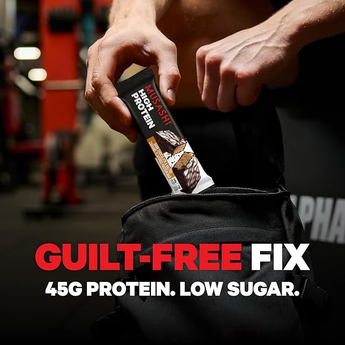 MUSASHI High Protein Bar, 45g Protein, <1g Total Sugars, Dark Chocolate & Salted Caramel, Post Workout and Protein Snack On The Go, 12 Pack of 3.2oz (90g) Bars