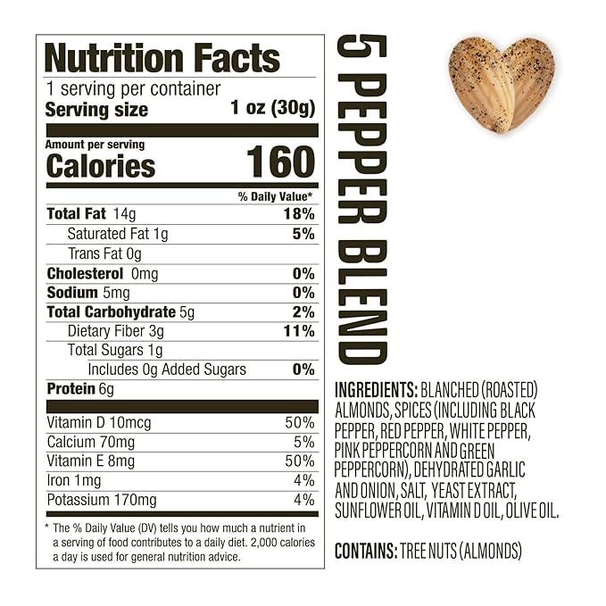 AlmondRx | Heart Healthy Skinless Lightly Salted California Almond Snack Packs | Fortified with Vitamin D | Plant Protein | Keto | Vegan | No Sugar Added (48 Pack, 5 Pepper Blend)