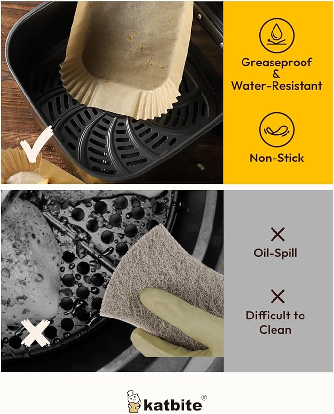 Katbite Air Fryer Liners Disposable - 100PCS, 8x5.5'' Rectangle Liners for Air Fryer Basket, Thick Air Fryer Parchment Paper Liners for Ninja Dual Airfryer Accessories, DZ201, DZ401, FG551