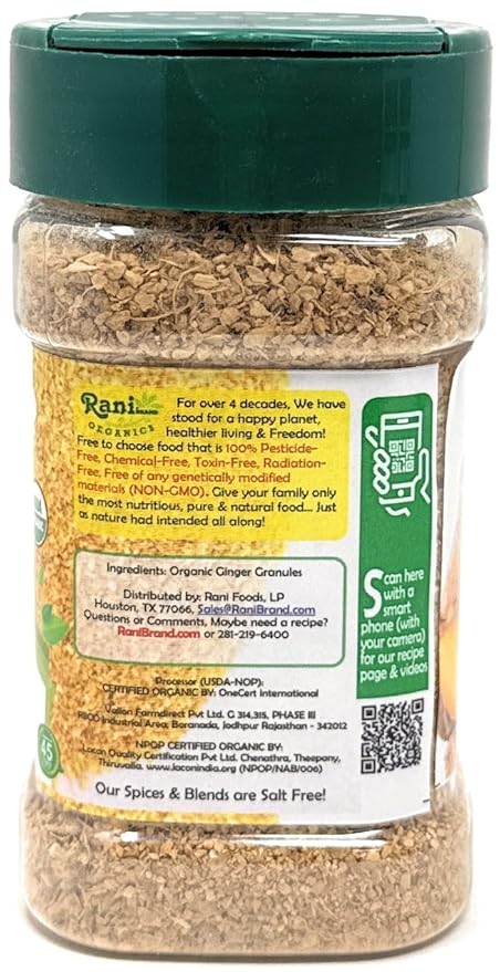 Rani Organic Granulated Ginger (Adarak Granules) 3oz (85g) PET Jar ~ All Natural | Gluten Friendly | Vegan | NON-GMO | Kosher | No Salt or fillers | Indian Origin | USDA Certified Organic