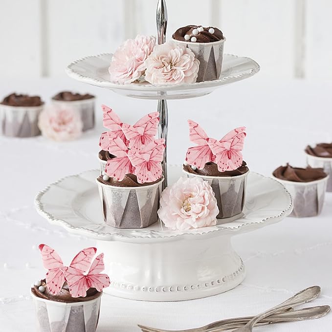 40 Pack Edible Butterfly Cake Decorations, Cupcake Toppers, Birthday Party Decorations for Wedding, Anniversary, Flower Themed Party - Pink