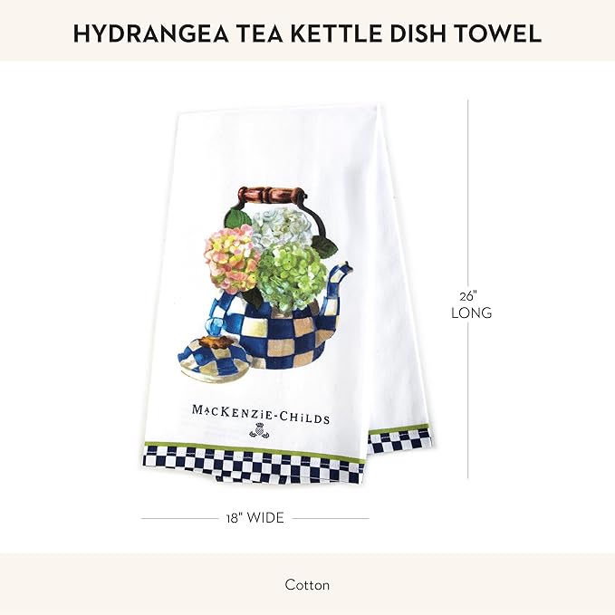MACKENZIE-CHILDS Cotton Dish Towel, Cute Decorative Kitchen Dish Towel for Cleaning and Home Decor, Set of 1, Hydrangea Tea Kettle