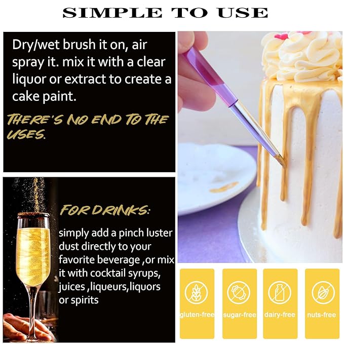 15g Edible Gold Luster Dust for Drinks Cake Decorating ??Colaele Gold Shimmering Edible Glitter Dust for Chocolates, Metallic Food Coloring Powder for Edible Glitter for Cocktails, No Gluten,Vegan