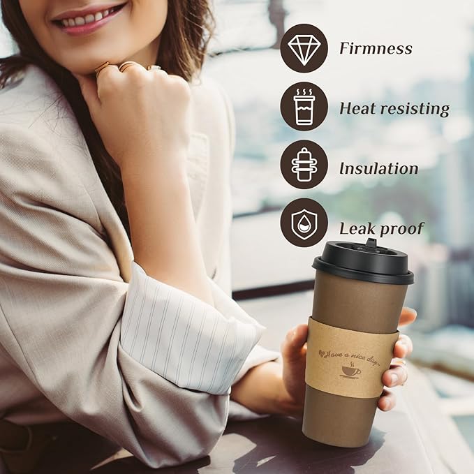 LITOPAK 100 Pack 20 oz Paper Coffee Cups, Brown Disposable Coffee Cups with Lids, Sleeves, Sticks, Drinking Cups for Hot Coffee, Water or Juice, Hot Paper Cups for Home, Restaurant, and Store