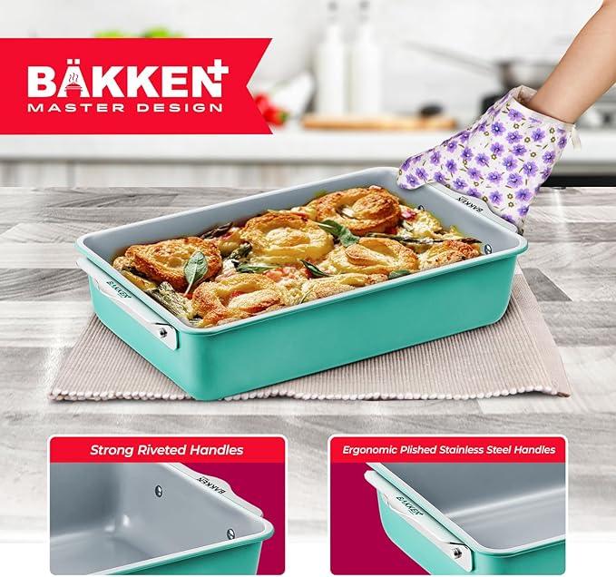 Bakken 8-Piece Stackable Bakeware Set - Ceramic Non-Stick Coating, Baking Sheets, Assorted Baking Pans, PTFE, PFOA & PFOS Free - Healthy Baking, Ergonomic Handles, Cooling Rack, Non-Toxic, Oven-Safe
