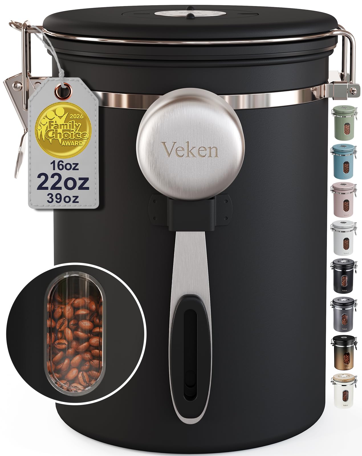 Veken Coffee Canister with Window, Airtight Stainless Steel Container, 22OZ