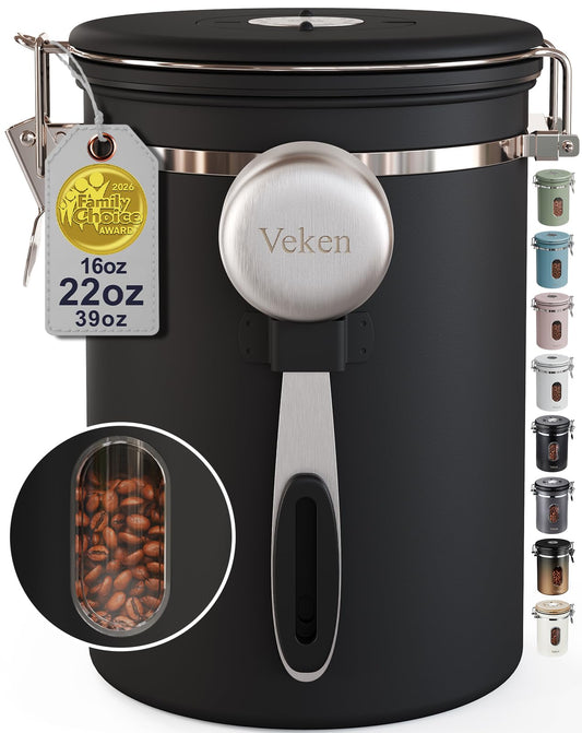 Veken Coffee Canister with Window, Airtight Stainless Steel Container, 22OZ
