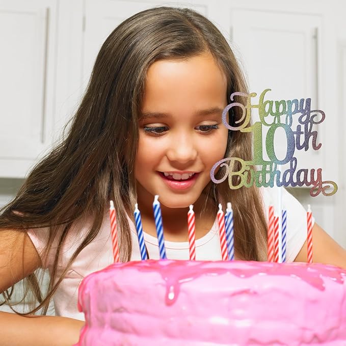 10th Happy Birthday Cake Topper, Glitter Happy 10th Birthday Cake Topper for Birthday Party Cake Decoration(Rainbow Color)