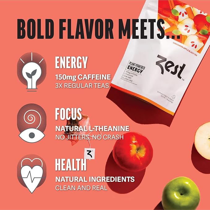 Zest Energy Tea - Cinnamon Apple Spice High Caffeine Black Tea Bags - Caffeinated Coffee Altnernative/Substitute - Natural, Non-GMO & Keto Friendly - Hot or Iced - 20Ct Pack - 150mg Caf