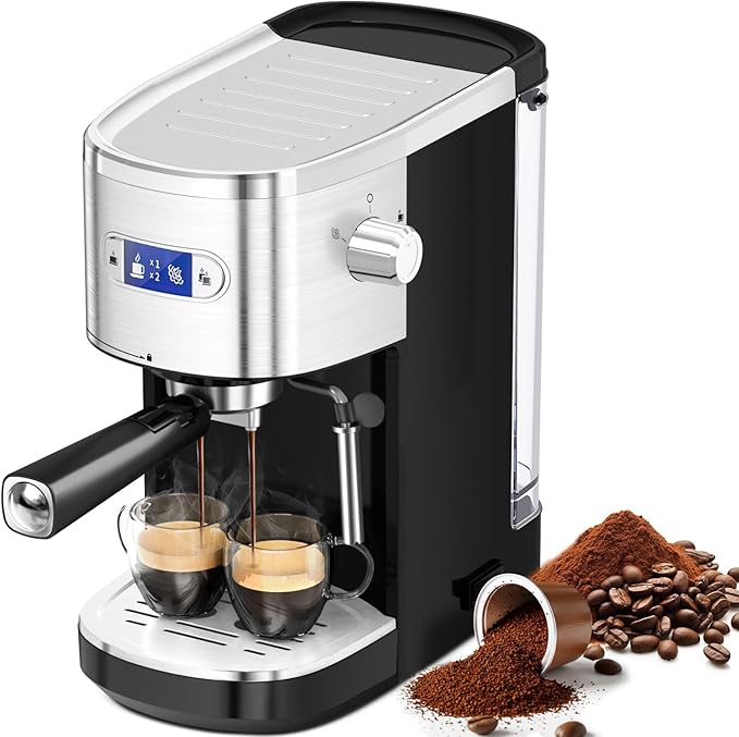 Espresso Machine 20 Bar, Professional Compact Stainless Steel Coffee Maker with LCD Display, Steam Wand, 45oz Removable Water Tank, for Espresso, Cappuccino, Latte at Home or Office