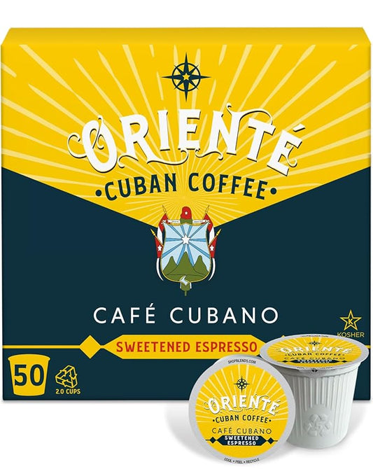 Oriente Sweetened Espresso Coffee Pods, 50 ct, Dark Roast Flavored Cuban Inspired Coffee in Recyclable Single Serve Pods - 100% Arabica Coffee, Compatible with Keurig K Cups Maker