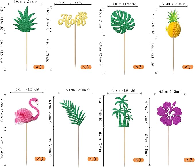 Rsstarxi 24 Pack Tropical Cupcake Toppers Glitter Leaf Pineapple Flamingo Cupcake Picks Aloha Hawaiian Luau Cake Decorations for Summer Aloha Theme Baby Shower Birthday Wedding Party Decor