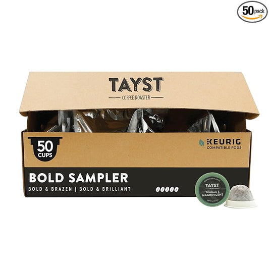Tayst Coffee Pods, Bold Sampler Box Dark Roast, K Cups Compatible with Keurig Coffee Maker, Sustainable Single Serve, Pack of 50