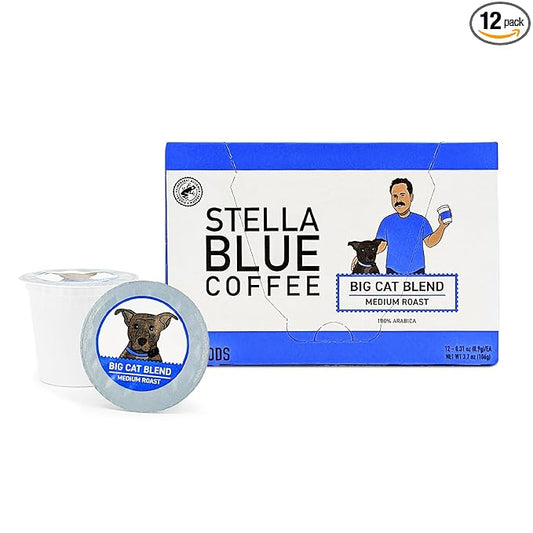 Stella Blue K Cups Coffee Pods, Big Cat Blend, Medium Roast, Caramel, Hazelnut and Fruitiness Notes, 100% Arabica, Ethically Sourced from Central & South America, 12 Single Serve Recyclable Pods