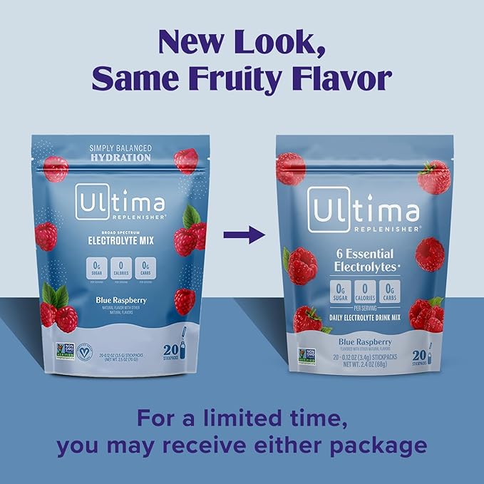 Ultima Replenisher Daily Electrolyte Powder Drink Mix ??Sugar Free ??Blue Raspberry, 20 Stickpacks ??Hydration Packets with 6 Electrolytes and Trace Minerals ??Keto Friendly, Vegan, Non-GMO