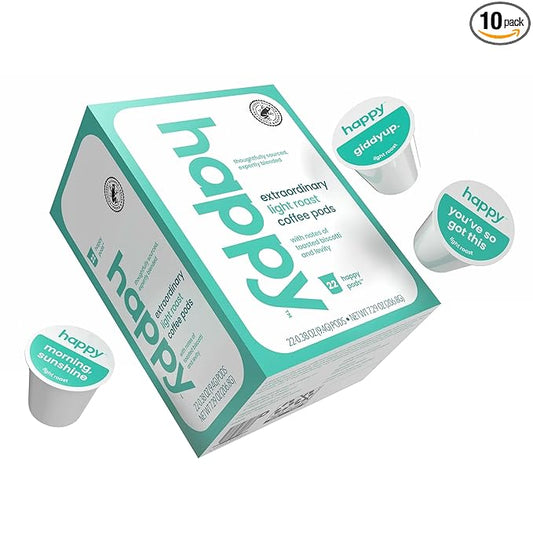 happy coffee light roast coffee pods, 22 count, notes of toasted biscotti and levity, compatible with most K-cup brewers, rainforest alliance certified