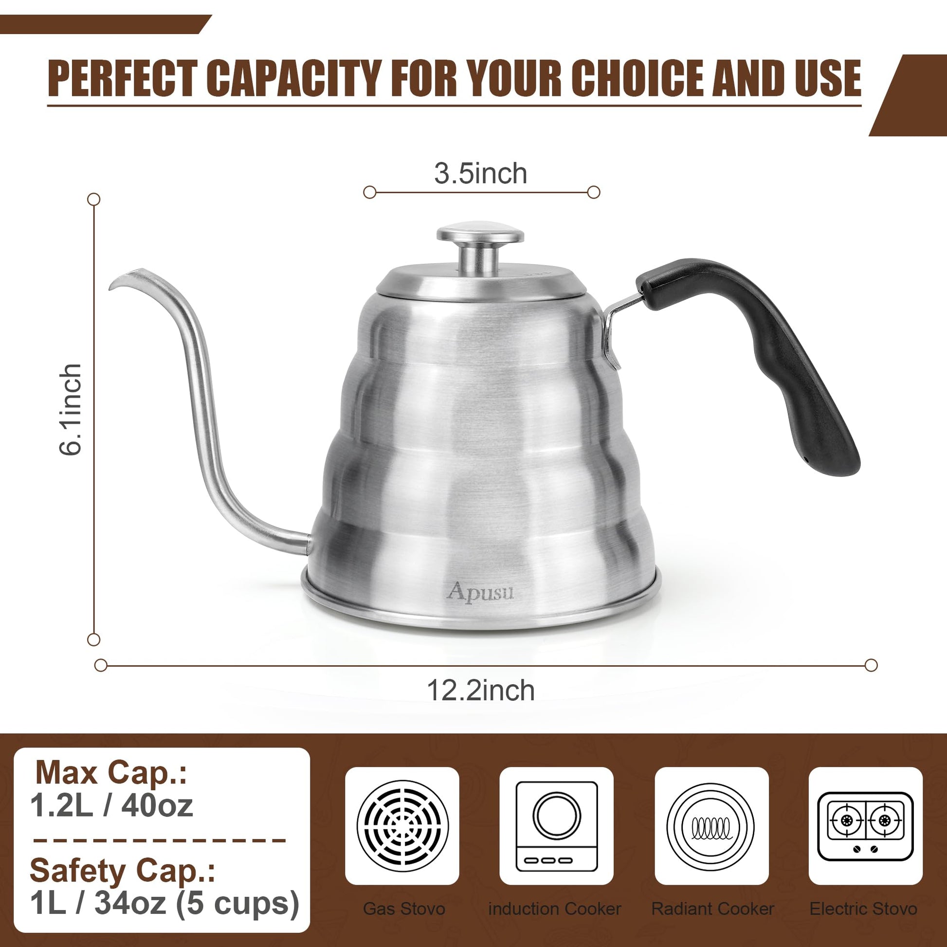Tea Kettle For Stovetop,Silver,Gooseneck Coffee Pot with Thermometer,40oz