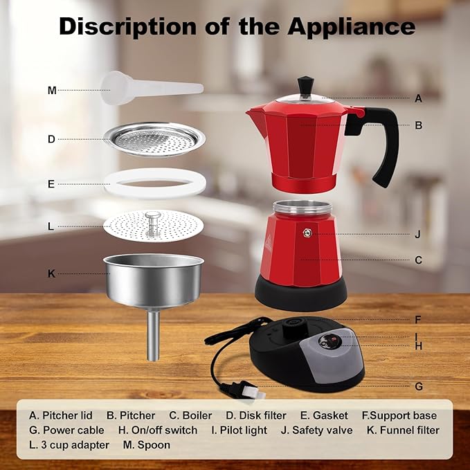 Electric Aluminum Moka Pot 5-6 Cup 270ml Espresso Maker with Detachable Base Ideal Coffee Makers for Home MochaPot Italian and Cuban Cafì±?Coffeemaker Espressomaker CoffeePot Red