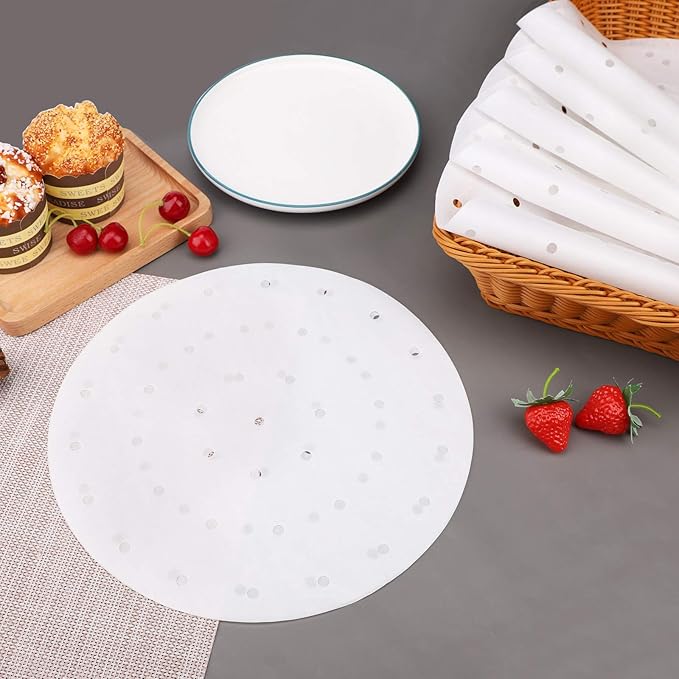 Beasea Air Fryer Parchment Paper 11 Inch, 200pcs Disposable White Perforated Parchment Paper for Air Fryer and Steaming Basket