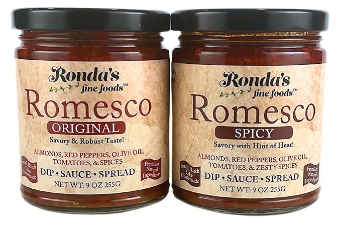Original & Spicy Romesco Dip, Spread, Topping & Sauce ??2CT 9.0oz Variety Pack - Thick, Small-Batch with Almonds, Pure Olive Oil, Red Peppers, & Tomato ??Keto, Vegan, Gluten-Free Red Sauce for Fish, Meat, Veggies, & Chicken by Ronda?™s Fine Foods