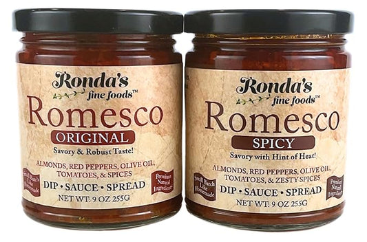 Original & Spicy Romesco Dip, Spread, Topping & Sauce ??2CT 9.0oz Variety Pack - Thick, Small-Batch with Almonds, Pure Olive Oil, Red Peppers, & Tomato ??Keto, Vegan, Gluten-Free Red Sauce for Fish, Meat, Veggies, & Chicken by Ronda?™s Fine Foods