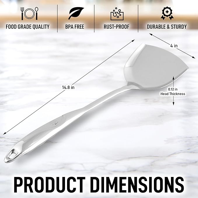 Zulay Kitchen Stainless Steel Metal Wok Spatula - Durable Wok Turner Spatula Shovel - Durable Utensil with Ergonomic, Easy to Use Handle - Easy to Clean, Perfect for at Home Cooks & Chefs - 14.8??,<div>