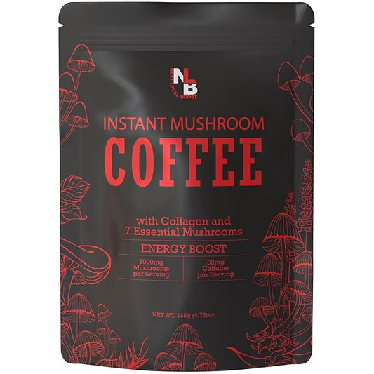Energy Boost Mushroom Instant Coffee - 135g, 15 Servings Pouch - Healthy Coffee Alternative and Substitute - with Dynamine, Collagen, Lions Mane and Antioxidants