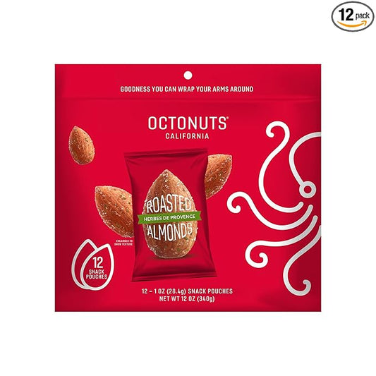 Octonuts Herbs de Provence Almonds – 12 Individually Wrapped Snack Packs (1oz Each), Healthy Snacks for Adults and Kids, Non-GMO, Keto and Gluten-Free, Roasted in Cold Pressed Olive Oil