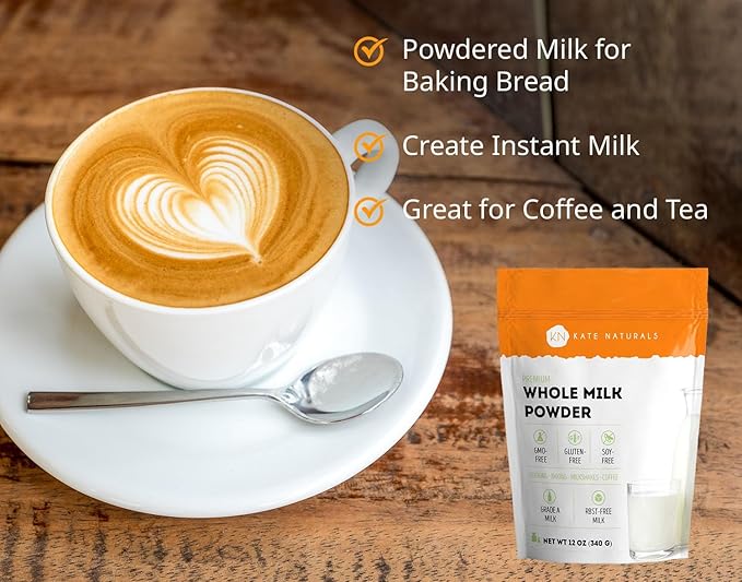 Kate Naturals Dry Whole Milk Powder for Baking, Coffee & Milkshakes (12oz) RBST-Free, Made in USA, Dried Powdered Substitute For Liquid Milk