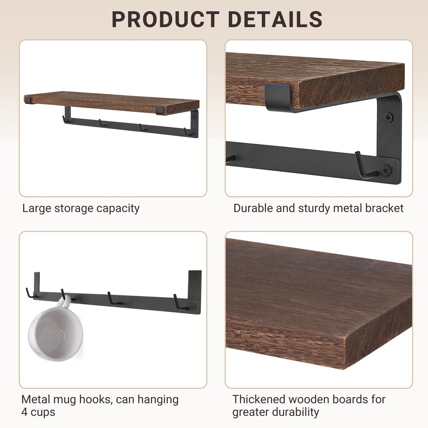 Dahey Coffee Mug Holder Wall Mount with Hooks, 2 Pack Wood Cup Shelf, Brown