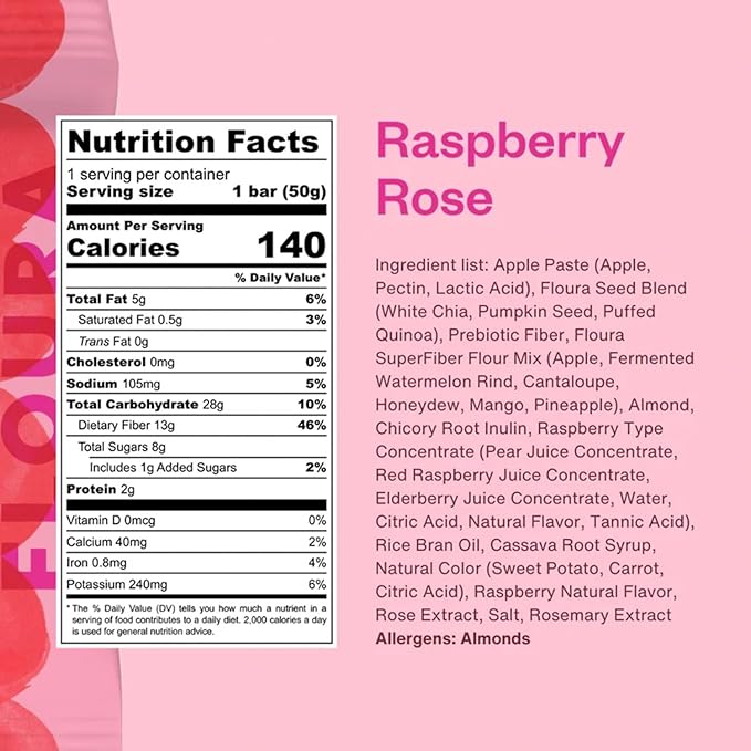 Floura Raspberry Rose Fruit-Forward Fiber Bars??High Fiber, Vegan, Gluten & Dairy Free, Low Calorie Healthy Snack Bars with Upcycled Produce for Gut Health [10 Pack]