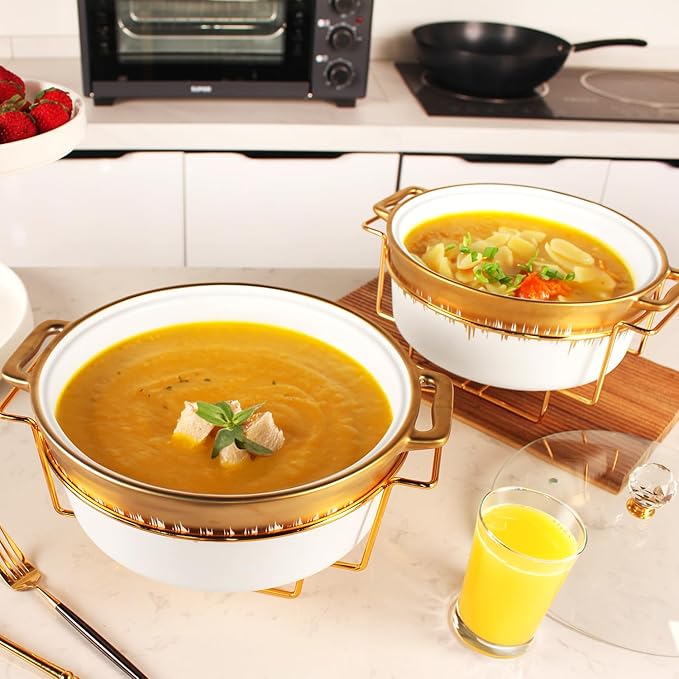 Ceramic Casserole Dish with rack and Glass Lid, 1.8 Qt Round Serving Soup Tureen with Handle, Serving Tureen for Restaurant Home Kitchen Decoration, Perfect for Entertainment, Party, gift