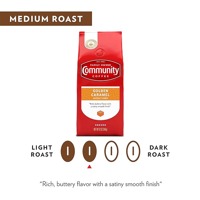 Community Coffee Golden Caramel Flavored 72 Ounces, Medium Roast Ground Coffee, 12 Ounce Bag (Pack of 6)
