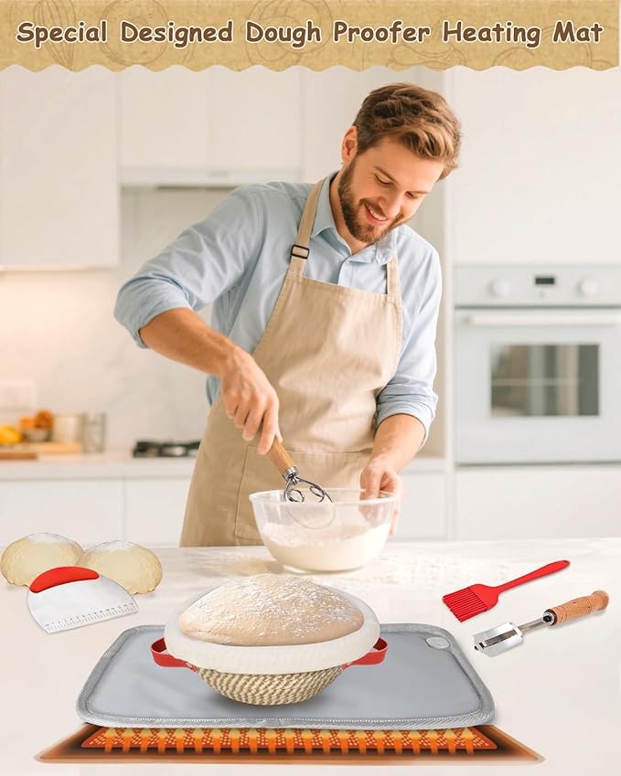 Sourdough Starter Kit Banneton Bread Proofing Basket Set w/Heating Mat,Sourdough Bread Baking Supplies, Sourdough Starter Warmer Mat,Sour Dough Kit Tools,Sourdough Kit Gifts for Bakers Women Wife Mom
