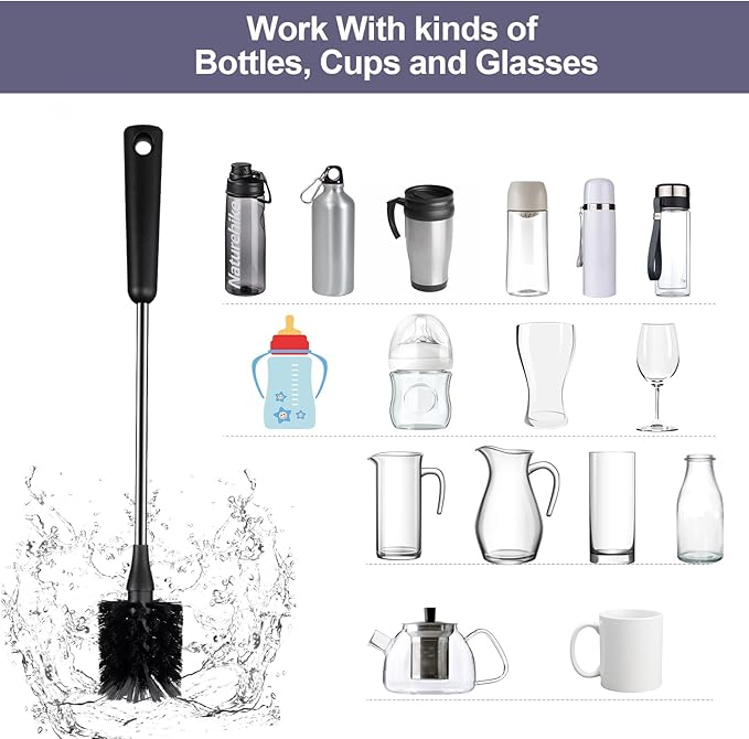 [2 Pack] Water Bottle Brushes, Stainless Steel Long Handle Baby Bottle Scrub Cleaning Brush for Sports Bottles, Cups, Dishes, Coffee Mugs, Glasswares, Tumblers, Wine Decanters