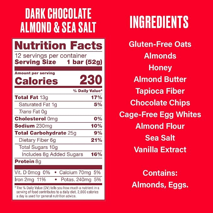 OVER EASY Dark Chocolate Almond Sea Salt Oatmeal Breakfast Bars - Granola and Protein Bars -12 Energy Snack Bars - Clean, Organic, Gluten Free, Dairy Free, Soy Free and Kosher