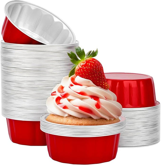 Beasea Disposable Aluminum Foil Cups 100 Pack, 8 oz 235ml 3.9" Bake Ramekin Cup Muffin Cupcake Baking Cup Mini Pudding Cups for Party Wedding Birthday - Red