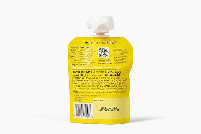 White Leaf Provisions Organic Banana Applesauce ??Regeneratively Farmed, No Added Sugar, Kosher, USDA, GMO & BPA free 3.2oz Pouches (Pack of 24)