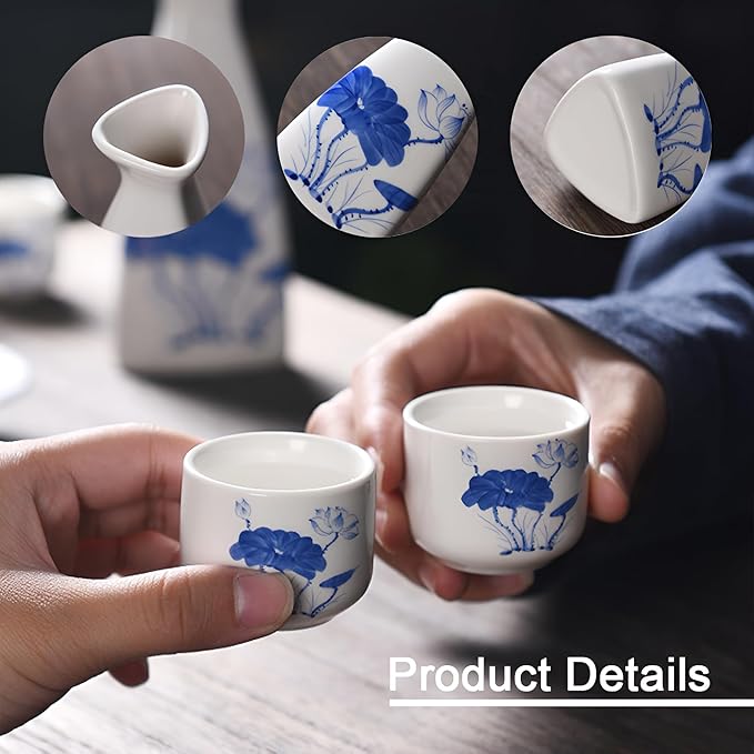 Ceramic Sake Set, Ceramic Soju Set, Japanese Sake Set Traditional, Saki Cup Set with 1 Tokkuri Bottle (5 oz) and 6 Ochoko Cups (1.2 oz), Japanese Glazed, for Hot or Cold Sake