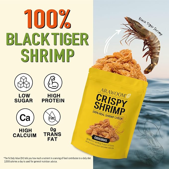 ARAWOOM - 100% Real Black Tiger Shrimp Haed Crisps, Original Pack [16oz, Pack of 1], Crispy Seafood Snack, High-Protein Crunch, Crunchy On-the-Go Treat