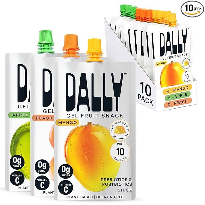 Dally Drinkable Konjac Jelly Variety Pack (10 Pouches) ??10-Calorie, Zero Sugar Korean Fruit Snack ??Mango, Peach & Apple Flavors ??Prebiotics & Postbiotics for Skin, Immune & Weight Management