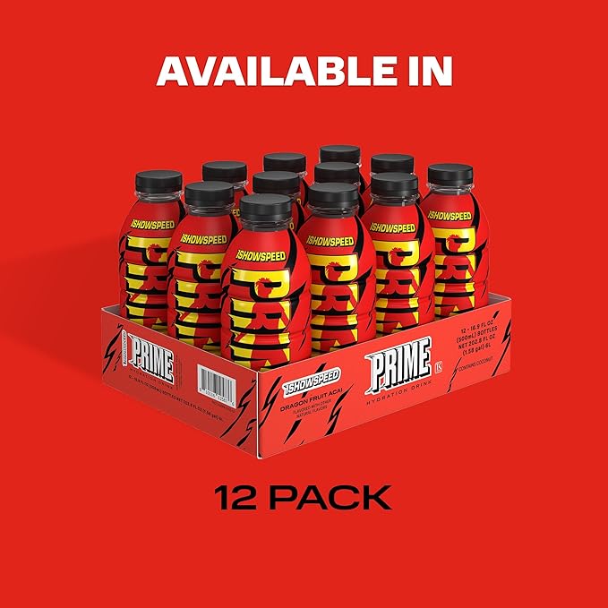 PRIME Hydration ISHOWSPEED, Sports Drinks, Electrolyte Enhanced for Ultimate Hydration, 250mg BCAAs, B Vitamins, Antioxidants, Low Sugar, 16.9 Fl Oz, 12 Pack