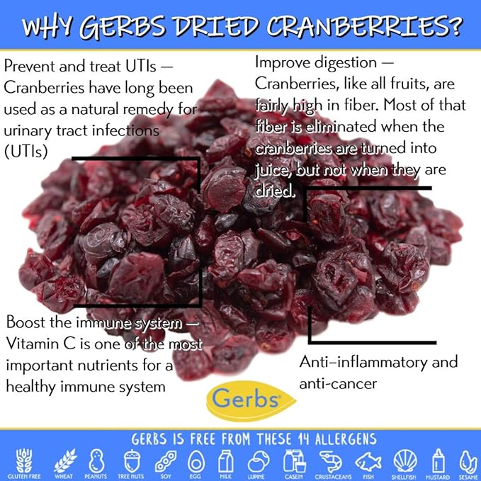 Gerbs Dried Cranberries 4 lbs. | Unsulfured, No Additives, Resealable Bag | Naturally Tart & Juicy | Top 14 Allergen-Free