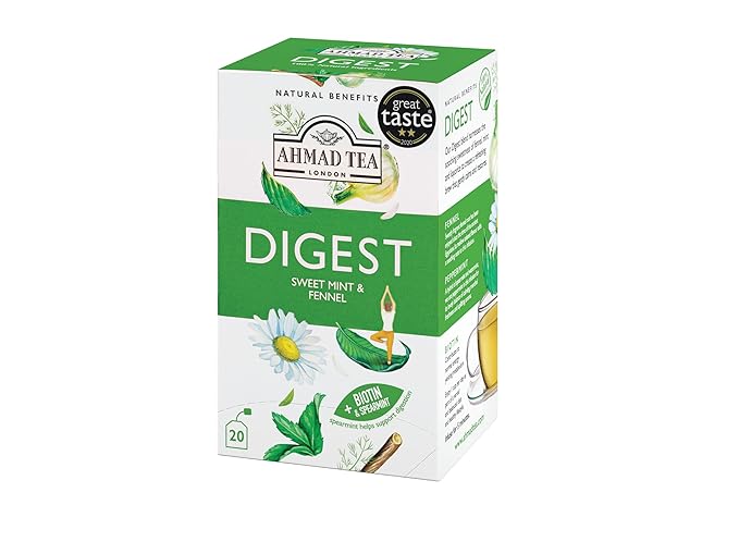Ahmad Tea Herbal Tea, Sweet Mint, Fennel & Biotin 'Digest' Natural Benefits Teabags, 20 ct (Pack of 1) - Decaffeinated & Sugar-Free
